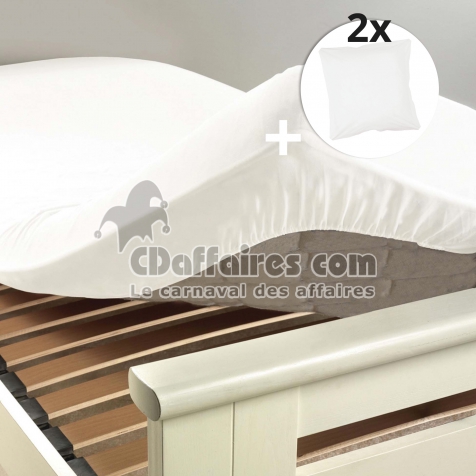 Ensemble drap housse 180 x 200 cm + 2 taies d'oreiller 63 x 63 100% coton Blanche
