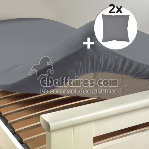 Ensemble drap housse 180 x 200 cm + 2 taies d'oreiller 63 x 63 100% coton Gris souris