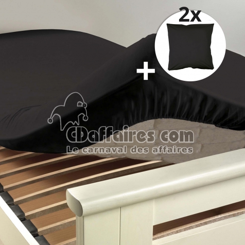 Ensemble drap housse 180 x 200 cm + 2 taies d'oreiller 63 x 63 100% coton  Noir