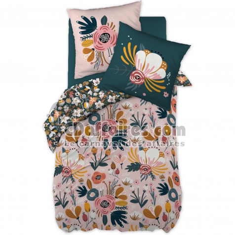 Housse de couette + 2 taies coton imprim&eacute; 240 x 220 cm champetre