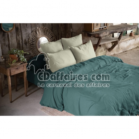 Housse de couette double gaze de coton 240x220 cm 2 taies Bleu/Vert