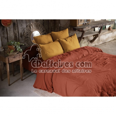 Housse de couette double gaze de coton 240x220 cm 4 taies Terracotta/Safran