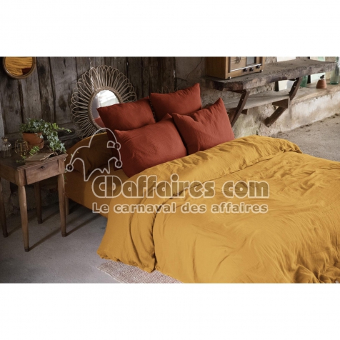 Housse de couette double gaze de coton Bio 240x220 cm 4 taies Safran/Terracotta