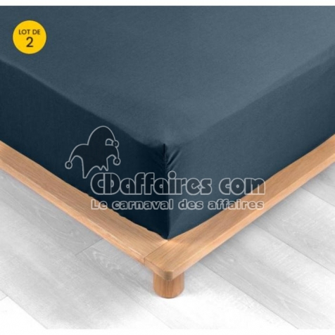 Lot de 2 Drap housse percale de coton 78fils ultra doux 160 x 200 cm Bleu nuit