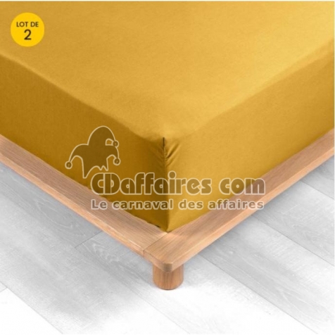 Lot de 2 Drap housse percale de coton 78fils ultra doux 160 x 200 cm Curry