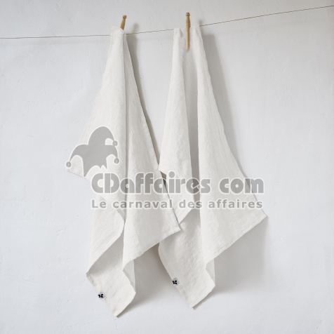 Lot de 2 essuie-vaisselle lin lav&eacute; 50 x 70 cm soline Blanc
