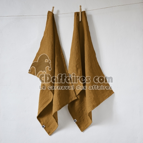 Lot de 2 essuie-vaisselle lin lavé 50 x 70 cm soline caramel