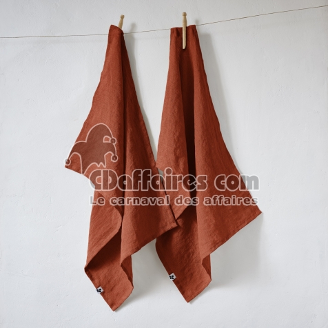 Lot de 2 essuie-vaisselle lin lav&eacute; 50 x 70 cm soline paprika