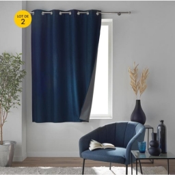 Lot de 2 rideaux &agrave; &oelig;illets 140 x 180 cm 100% occultant thermique - Mod&egrave;le Cr&eacute;puscule Bleu