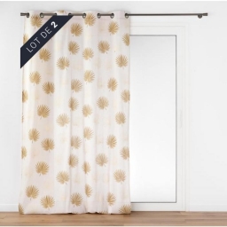 LOT DE 2 rideaux &agrave; &oelig;illets 140 x 240 cm polycoton imprim&eacute; m&eacute;tallis&eacute; lotus ocre