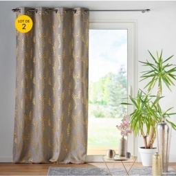 Lot de 2 Rideaux &agrave; occultant 140 x 260 cm &agrave; oeillets Imprim&eacute; M&eacute;tallis&eacute; Lyra Taupe