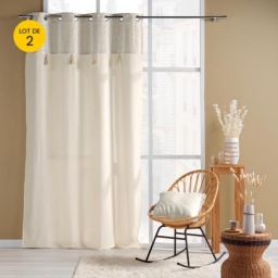 Lot de 2 rideaux a oeillets 140 x 240 cm poly-coton + haut tiss&eacute; + pompon Island