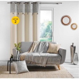 Lot de 2 Rideaux a oeillets 140 x 240 cm polycoton + haut m&eacute;tallis&eacute; Sultan Argent