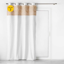 Lot de 2 Rideaux &agrave; oeillets 140 x 240 cm polycoton + jute imprim&eacute;e Kalinda Blanc