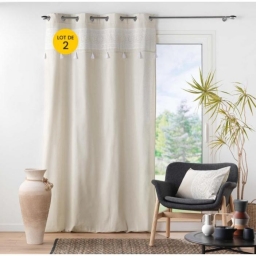 Lot de 2 Rideaux  a oeillets 140 x 240 cm polycoton+ pompons Isalina Blanc