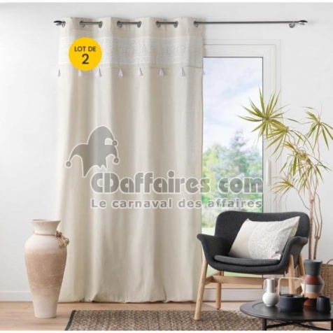 Lot de 2 Rideaux  a oeillets 140 x 240 cm polycoton+ pompons Isalina Blanc