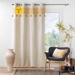 Lot de 2 Rideaux  a oeillets 140 x 240 cm polycoton+ pompons Isalina Jaune