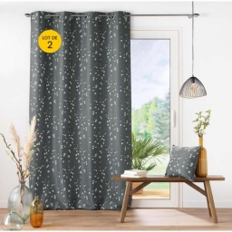 Lot de 2 Rideaux a oeillets 140 x 260 cm polyester appliqu&eacute; Sakura Anthracite
