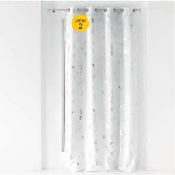 Lot de 2 Rideaux a oeillets 140 x 260 cm polyester m&eacute;tallis&eacute; Bloomy Blanc/Argent