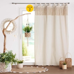 Lot de 2 Rideaux &agrave; Passants 140 X 240 Cm Polycoton Uni et Top Macrame, Samaya