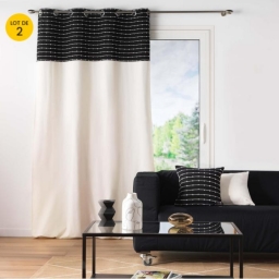 Lot de 2  Rideaux tamisant 140 x 240 cm coton recycl&eacute; + fils coup&eacute;s Linechic Noir