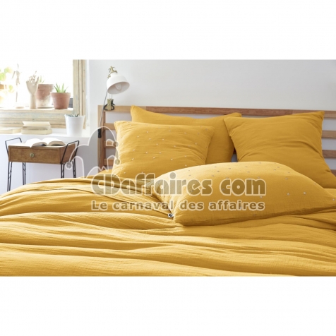 Lot de 2 Taies d'oreiller gaze de coton brod&eacute;e fil or 60 x 60 cm Gaia Chic Jaune