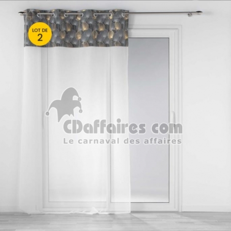Lot de 2 Voilages 140 x 240 cm voile sabl&eacute; + haut velours Clairine Gris