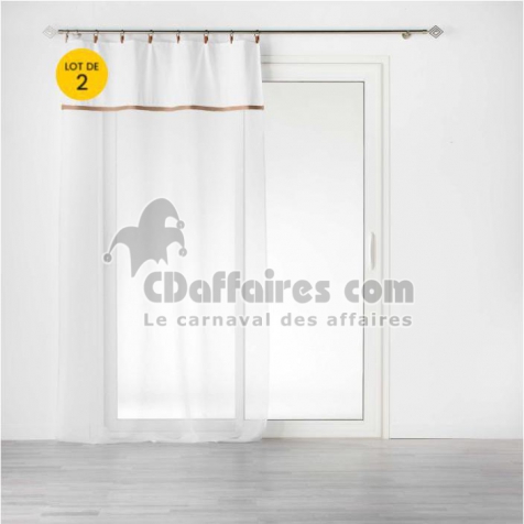 Lot de 2 Voilages &agrave; anneau 140 x 240 cm en polycoton sabl&eacute; + jute Leana Blanc