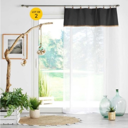 Lot de 2 Voilages &agrave; anneau 140 x 240 cm en polycoton sabl&eacute; + jute Leana Noir