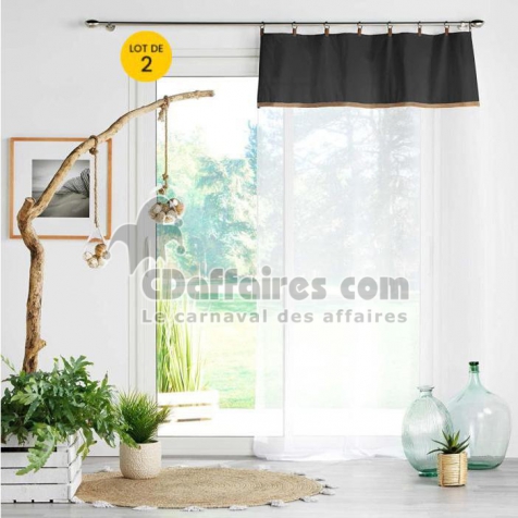 Lot de 2 Voilages &agrave; anneau 140 x 240 cm en polycoton sabl&eacute; + jute Leana Noir