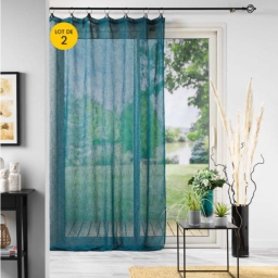 Lot de 2 Voilages &agrave; anneaux 140 x 240 cm voile tiss&eacute; Linka Bleu