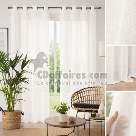 Lot de 2 Voilages &agrave; &OElig;illets 140 x 240 cm Effet Lin Tiss&eacute; HALTONA Naturel