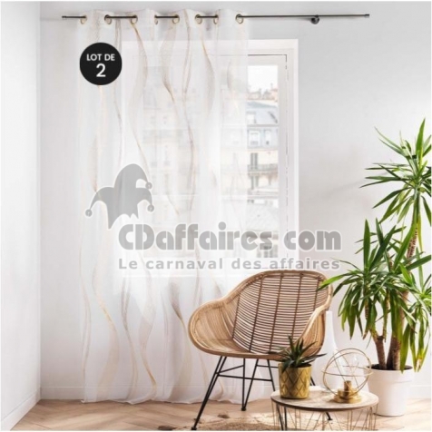 Lot de 2 voilages a oeillets 140 x 240 cm  imprim&eacute; metallis&eacute; Elona Or