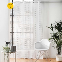 Lot de 2 Voilages a oeillets 140 x 240 cm sabl&eacute;s  imprim&eacute;s metallis&eacute; Milona Argent