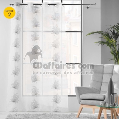 Lot de 2 Voilages a oeillets 140 x 240 cm voile sabl&eacute; brod&eacute; Palmaris Gris