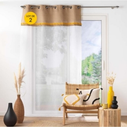 Lot de 2 Voilages a oeillets 140 x 240 cm voile sabl&eacute; + jute Malory Jaune