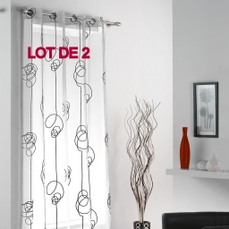 Lot de 2 voilages a oeillets 140x240 voile imprime transfert looping Blanc/Noir
