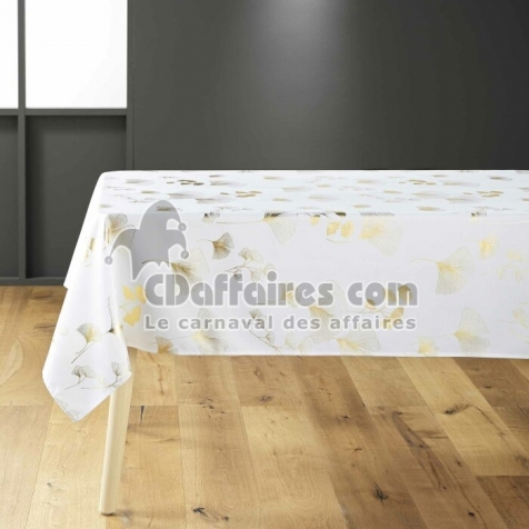 Nappe rectangle 150 x 240 cm polyester imprime metallise bloomy Blanc/or