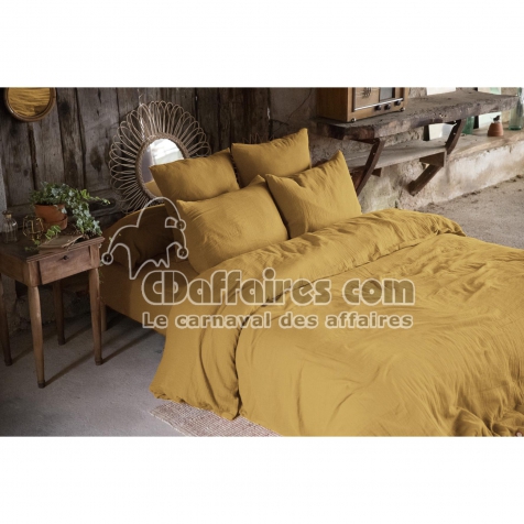 Pack double gaze de coton housse de couette 240 x 220 cm + 2 taies d'oreiller 50 x 70 Jaune