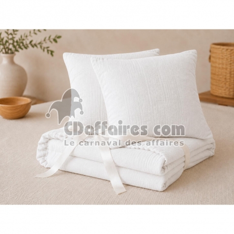 Pack Drap Housse 140 x 190 cm + 2 Taies d&rsquo;Oreiller 60 x 60 cm Double Gaze de Coton GA&Iuml;A Blanc