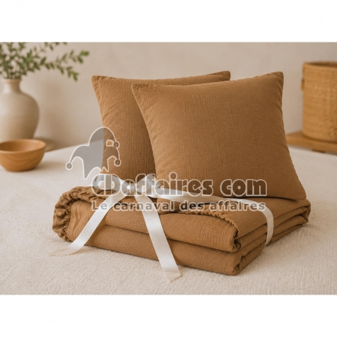 Pack Drap Housse 140 x 190 cm + 2 Taies d&rsquo;Oreiller 60 x 60 cm Double Gaze de Coton GA&Iuml;A Camel