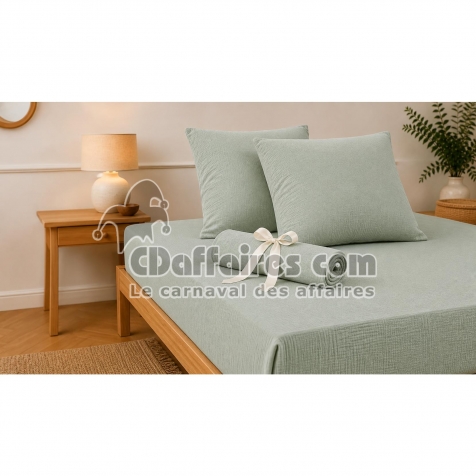 Pack Drap Housse 140 x 190 cm + 2 Taies d&rsquo;Oreiller 60 x 60 cm Double Gaze de Coton GA&Iuml;A Eucalyptus