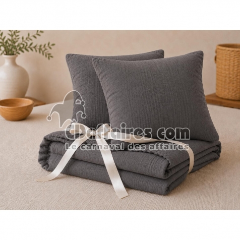 Pack Drap Housse 140 x 190 cm + 2 Taies d&rsquo;Oreiller 60 x 60 cm Double Gaze de Coton GA&Iuml;A Granit