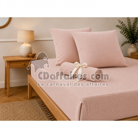 Pack Drap Housse 140 x 190 cm + 2 Taies d&rsquo;Oreiller 60 x 60 cm Double Gaze de Coton GA&Iuml;A Guimauve