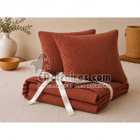 Pack Drap Housse 140 x 190 cm + 2 Taies d&rsquo;Oreiller 60 x 60 cm Double Gaze de Coton GA&Iuml;A Terracotta