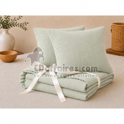 Pack Drap Housse 140 x 190 cm + 2 Taies d&rsquo;Oreiller 60 x 60 cm Double Gaze de Coton GA&Iuml;A Vert d'eau
