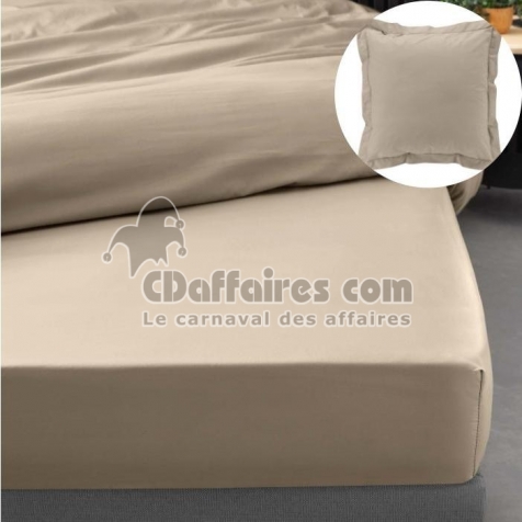 Pack drap housse king size 180 x 200 cm + 2 taies en percale 78 fils Sable