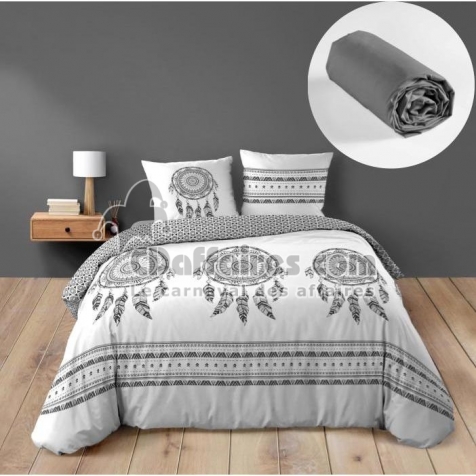 Pack housse de couette 240 x 220 cm "Indian Dream" + drap-housse 140 x 190 cm gris