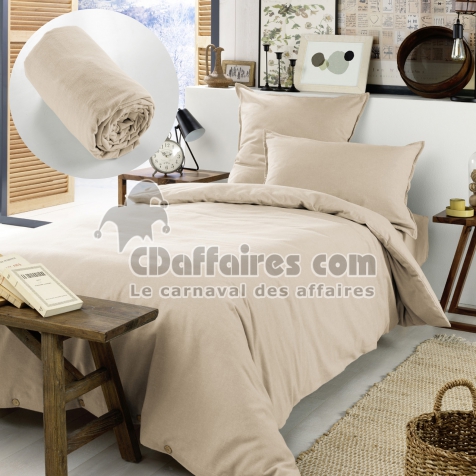 Pack Housse de couette chaude en flanelle 140 x 200 cm + drap housse 90x190 Candice Beige
