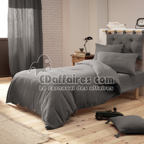 Pack parure de couette 140 x 200 cm + drap housse 90 x 190 cm + 1 taie en double gaze de coton Granit
